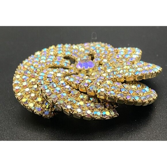Vtg Brooch Rainbow AB Rhinestone Pinwheel Swirl Gold Tone Prom Wedding Pageant - Picture 5 of 7